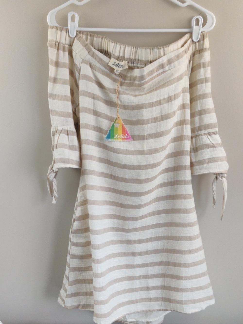 Listicle Cream and White Striped Off-Shoulder Backless Dress
